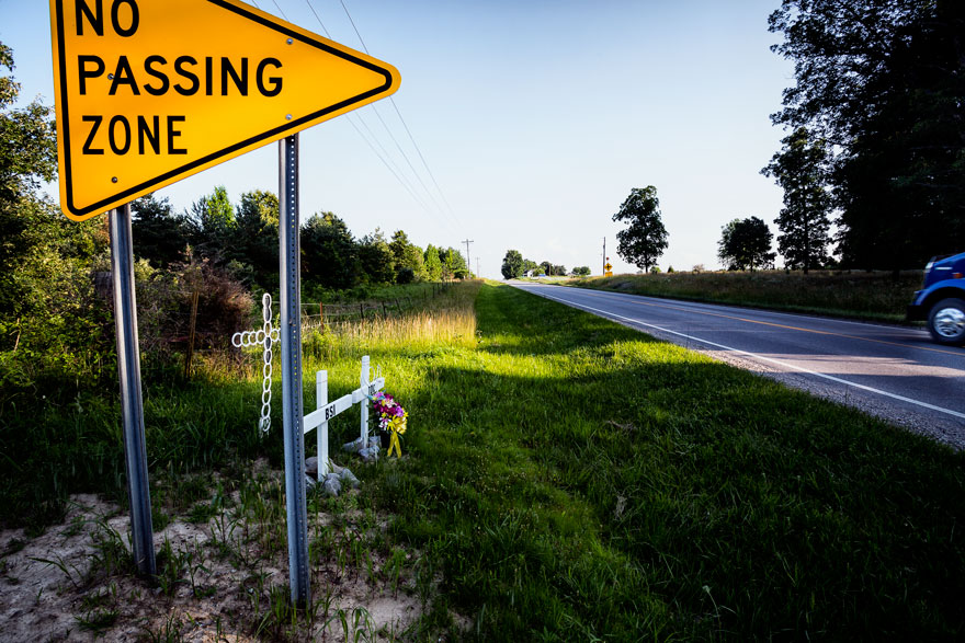 Memorial to Taylor Cokley, 16, and Benjamin Ingram, 18, who were killed when their Ford Ranger crossed the center line and struck another vehicle on Sept. 3, 2010 near Interstate 64 south of Fairfield, Illinois.