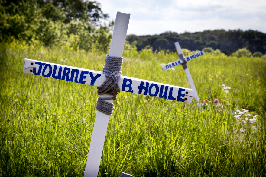 Memorial to nine-year-old Journey Houle and his father, Derek Houle, 37. They were killed on Interstate 64 in Illinois on March 1, 2013.